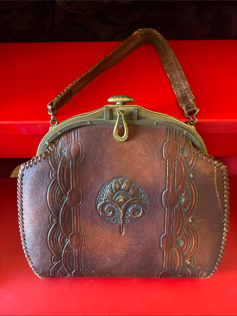 Meeker Made Brown Tooled Leather Vintage-Style 1920’s Art Nouveau Women Handbag